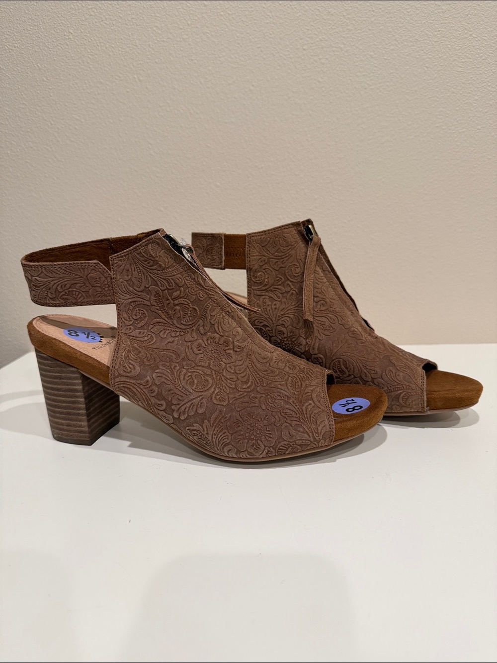 Yellow Box Brown Embossed Open-Toe Block Heel Booties
